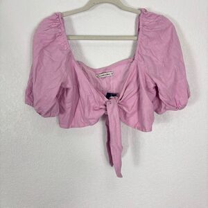 New Abercrombie & Fitch Pink Puff Sleeve Tie Front Cropped Top Size Large